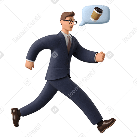 3D Businessman in a hurry to get coffee Illustration in PNG, SVG