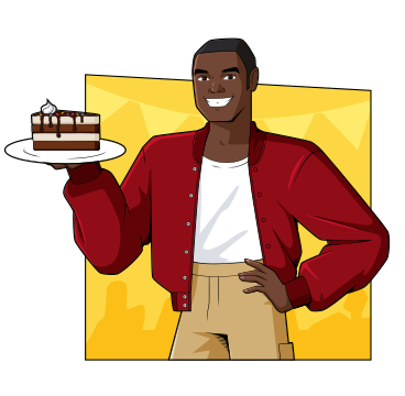 Smiling man says welcome to tea with cake PNG, SVG
