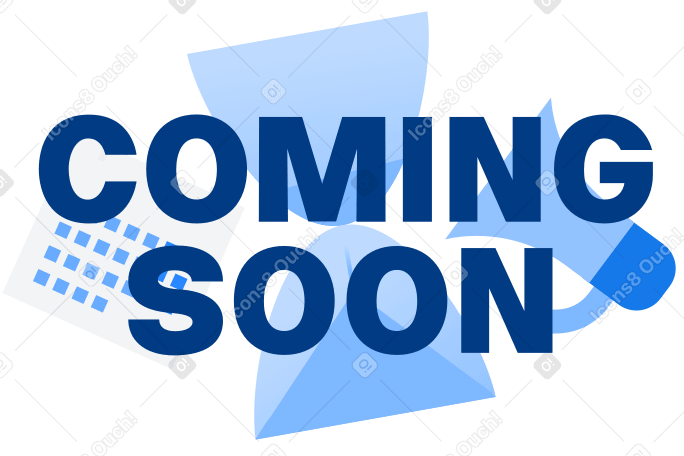 Coming Soon text with a hourglass, megaphone and calendar PNG, SVG