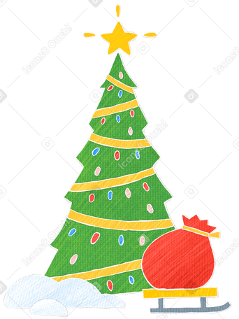 Weihnachtsbaum mit weihnachtsschmuck und ein schlitten mit einer tüte geschenke PNG, SVG