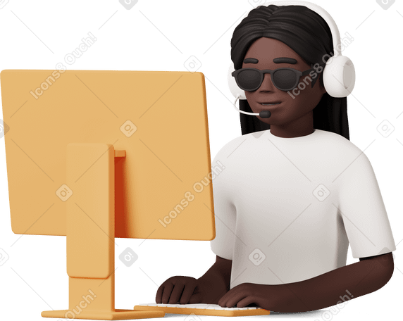 3D blind girl sitting in headset in front of computer Illustration in PNG, SVG