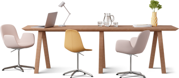 Vista frontal del escritorio de oficina con sillas, computadora portátil y revistas. PNG, SVG