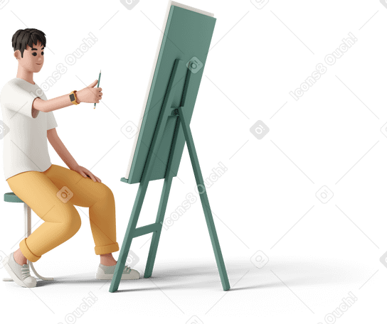 3D young man drawing picture on easel PNG、SVG