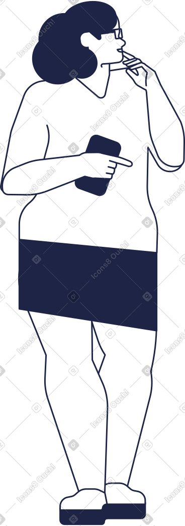 Woman stands holding smartphone and thinks PNG, SVG