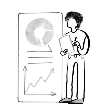 Black and white office worker looking at analytics presentation PNG, SVG