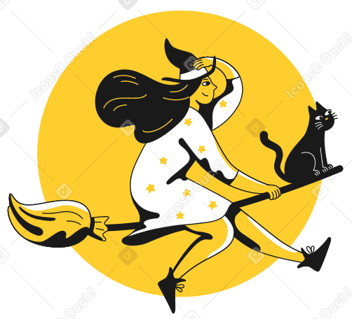 Ведьма летит на метле с черной кошкой в PNG, SVG