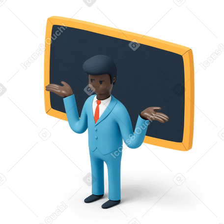 3D Man is suit throwing his hands up in front of blackboard PNG, SVG
