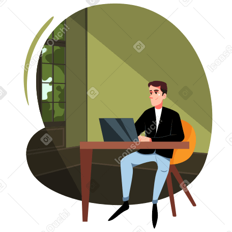 Man works on his laptop at his desk at home Illustration in PNG, SVG