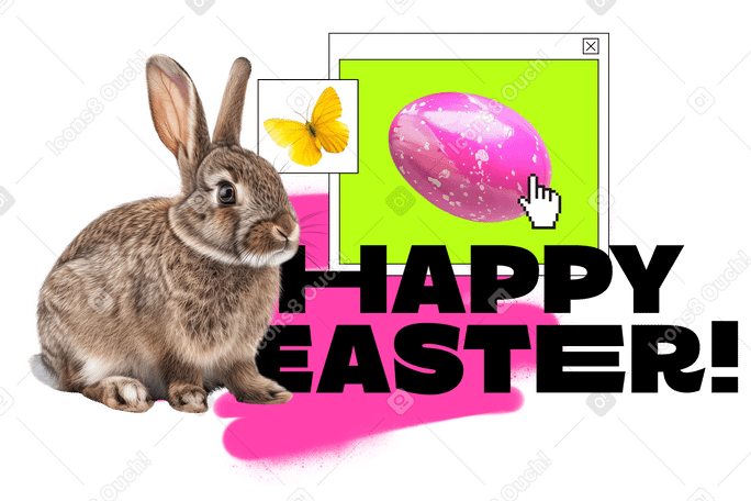 Text Happy Easter with rabbit, egg and butterfly PNG, SVG