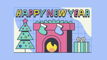 Lettering Happy New Year with Christmas tree and fireplace PNG, SVG