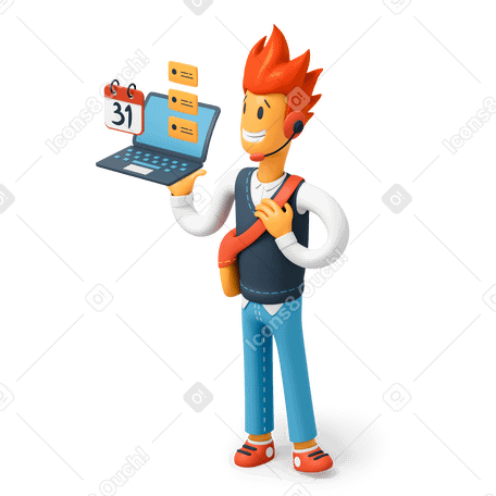 3D Business man holding a laptop with project tasks on screen PNG, SVG