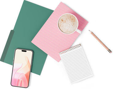 文件夹、智能手机、两本笔记本、一杯咖啡和一支铅笔的顶视图 PNG, SVG