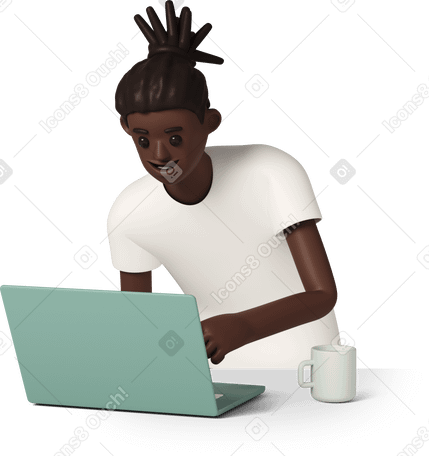 3D 노트북을 사용하는 웃는 남자 PNG, SVG