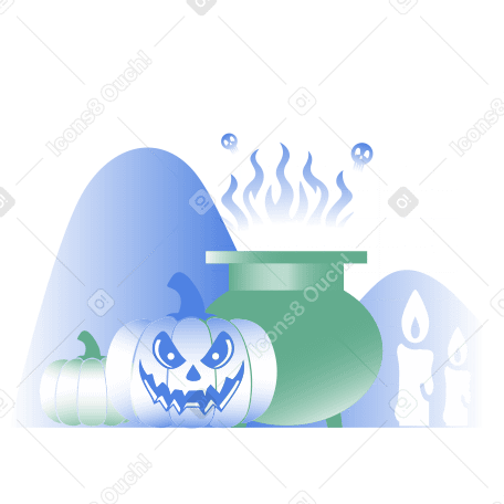 Украшения хэллоуина, свечи, тыквы и котел в PNG, SVG