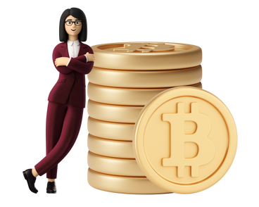Bitcoin-beraterfrau im roten anzug, die sich auf einen stapel münzen stützt PNG, SVG