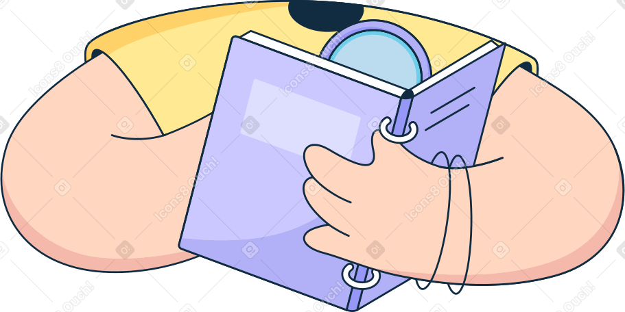 body in yellow t-shirt with magnifying glass and open book Illustration in PNG, SVG