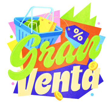 Lettering gran venta with shopping cart, coupon and coins text PNG, SVG