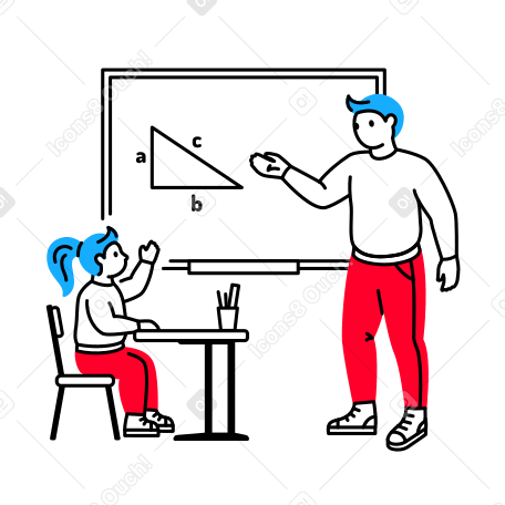 Math teacher pointing at the blackboard and the pupil raising hand Illustration in PNG, SVG