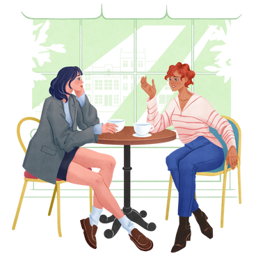 Две женщины разговаривают в кафе в PNG, SVG