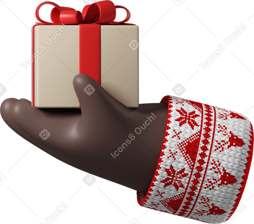 3D ギフト用の箱を持ったクリスマス柄の白いセーターを着た黒い肌の手 PNG、SVG