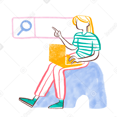 Woman with long hair searching on a laptop Illustration in PNG, SVG