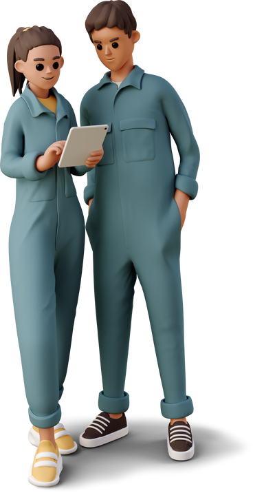 girl and boy in the worker jumpsuits looking at tablet PNG, SVG