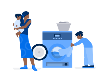 Mom with afro hairstyle and kids doing laundry PNG, SVG