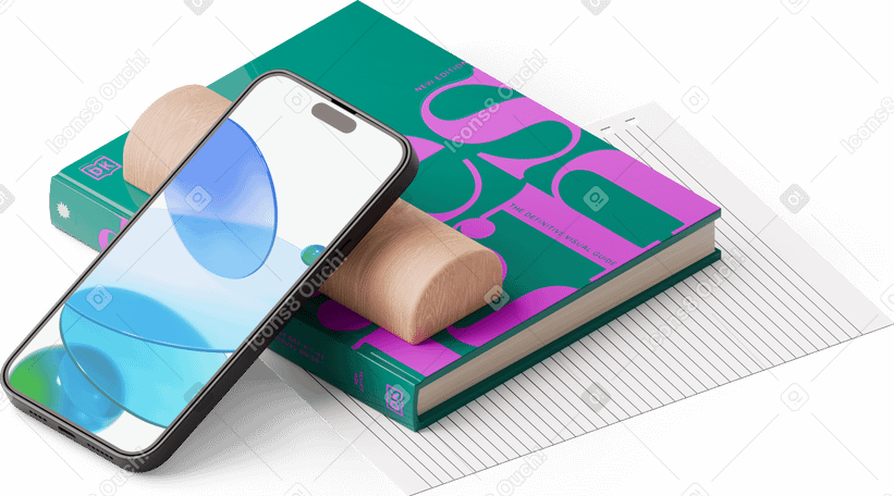 3D isometric view of notebook, sheet of paper and smartphone PNG, SVG