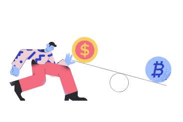 Mann balanciert bitcoin in dollarmünzen für den geldwechsel PNG, SVG