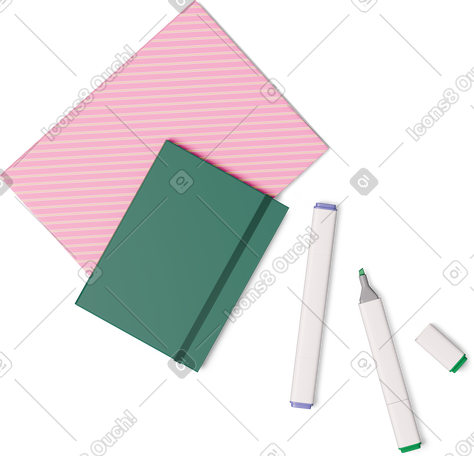 3D top view of notebooks and markers PNG, SVG