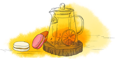 Glass teapot and three macaroons are lying next to it PNG, SVG