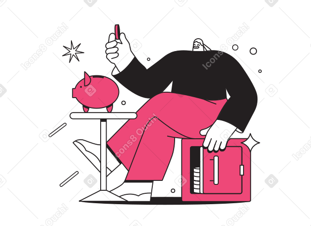 Woman sitting on safe near piggy bank and holding coin Illustration in PNG, SVG