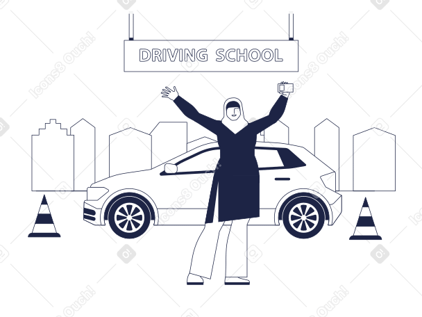 自動車教習所を背景に運転免許証を保持しているヒジャーブの女性 PNG、SVG