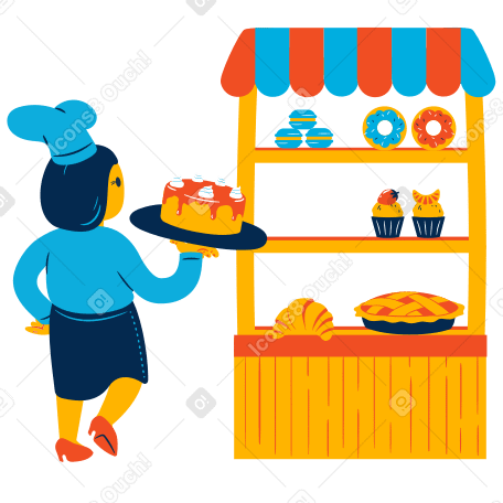 Cook putting a cake on bakery showcase PNG, SVG
