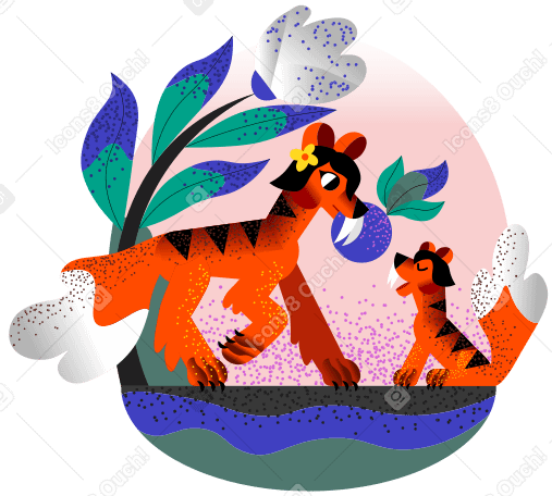 Tigress feeds fruit to her cub PNG, SVG