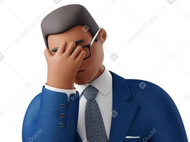 3D close up of black businessman in blue suit facepalming Illustration in PNG, SVG