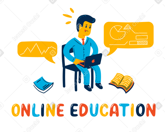 Online education text under a guy sitting with a laptop and books в PNG, SVG