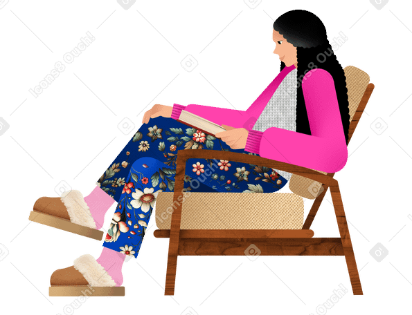 Young woman sitting in a chair and reading PNG, SVG