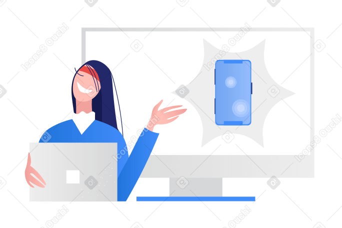Mujer haciendo presentación de teléfono nuevo PNG, SVG