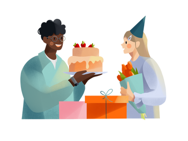 Молодой человек с тортом поздравляет молодую женщину с днем рождения в PNG, SVG