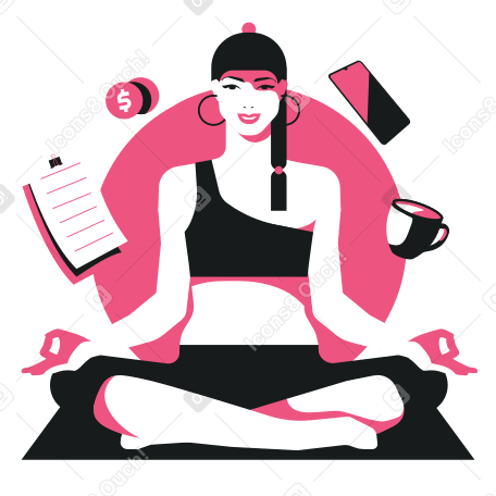 Woman in lotus pose multitasking animated illustration in GIF, Lottie (JSON), AE