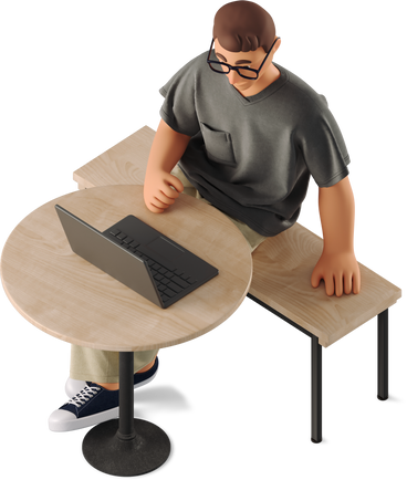 young man sitting and working with laptop PNG, SVG