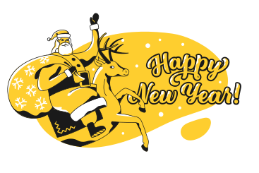 Happy New Year text and Santa with a bag of gifts on a reindeer PNG, SVG