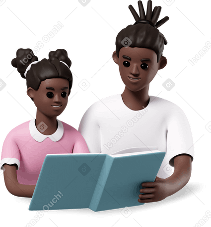 3D girl and man reading book and smiling PNG, SVG