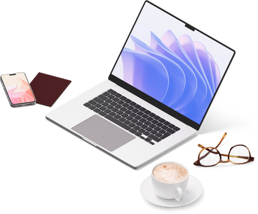 Изометрический вид ноутбука, чашки, смартфона, паспорта и очков в PNG, SVG