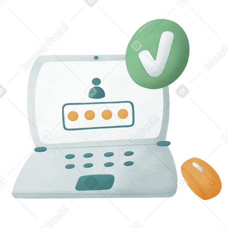 Computer with the checkmark confirming the user is logged into account Illustration in PNG, SVG