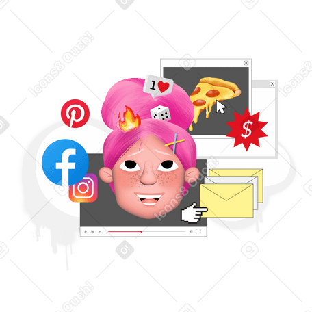 Молодая женщина окружена лайками, скидками, рекламой, социальными сетями в интернете в PNG, SVG