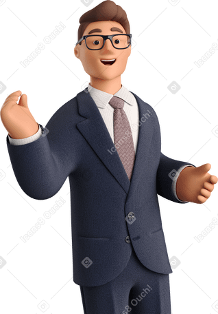 3D smiling businessman in dark blue suit Illustration in PNG, SVG
