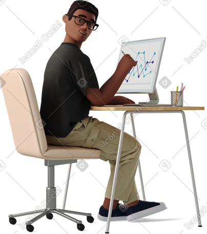 3D 男人在电脑前转身 PNG, SVG