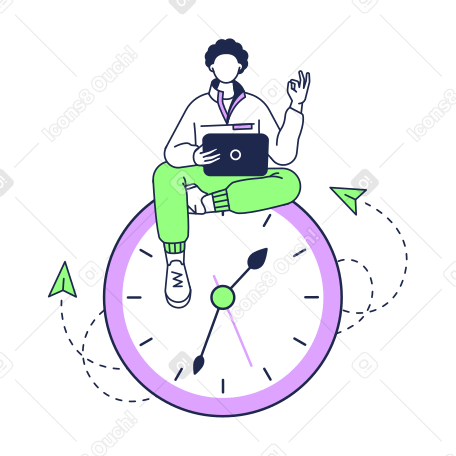 時計の上に座ってラップトップを持つ若い男 PNG、SVG